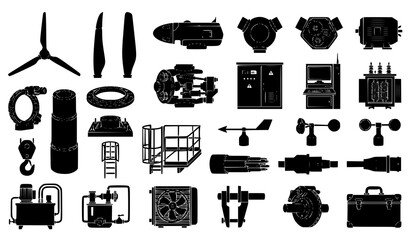 Renewable energy equipment wind turbine blades rotor gearbox and anemometer vector icons set © MdHares