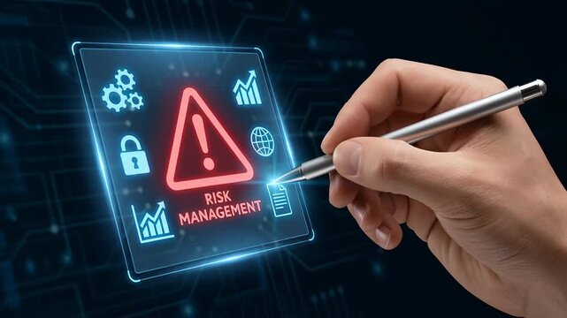 Risk management concept featuring ai and cybersecurity icons on digital screen with cloud computing and automation tools for business risk control and protection in technology
