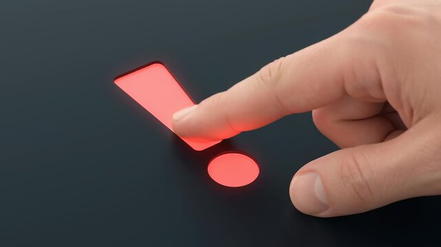Finger pressing glowing red exclamation mark symbol on dark surface alerting risk in cybersecurity management with ai cloud automation integration for advanced protection solutions
