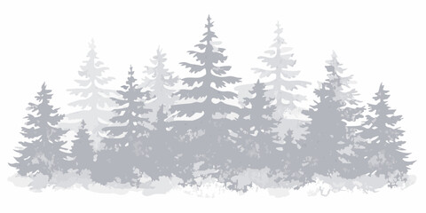 pine forest silhouette in misty watercolor style trees woodland nature landscape scenic gray © Smritykona