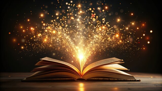 Open book with glowing light particles turning into black background