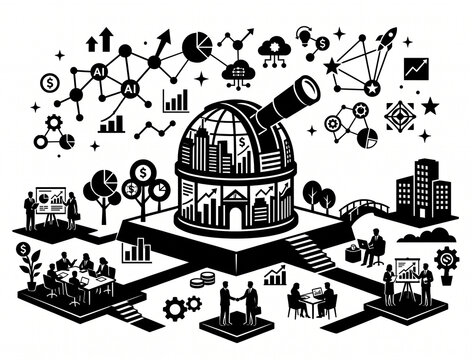 Business Vision Telescope Observatory Concept, Financial Market Foresight, AI Tech Networks, and Corporate Strategy Flat Vector Illustration