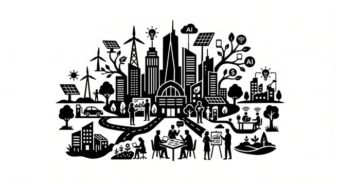 Smart Sustainable City Concept, Renewable Energy, Green Technology, AI Innovation, and Urban Ecosystem Flat Vector Illustration