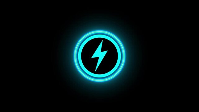 Neon glowing battery charging icon animation with neon circle. Neon power button icon color glowing colorful animation in black background, 4k vieo.