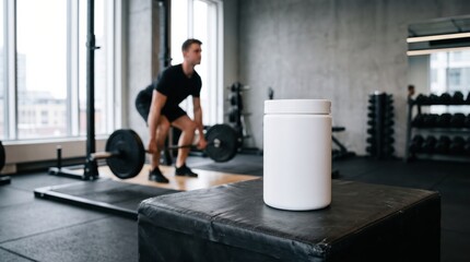 Fototapeta premium White jar with sport supplement on a black box in a gym. Muscular man weightlifting in background. Protein powder container for effective nutrition, fitness training and healthy lifestyle.