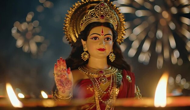 Night view of Vijayadashami with sky filled with fireworks, Durga statue surrounded by flickering oil lamps, Ai generated images