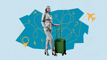 Woman walking with a suitcase and planning a journey in a creative travel setting © fotofabrika