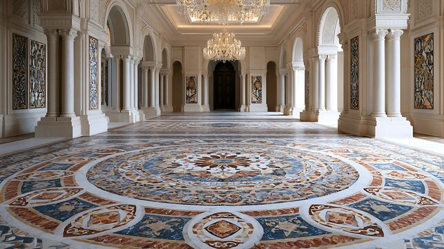 Luxurious Marble Floor Hallway in a Grand Palace Interior.