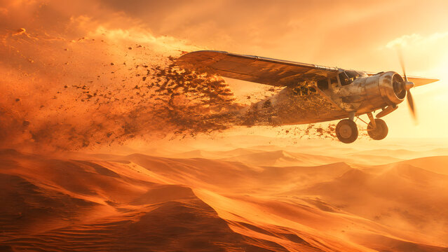 Surreal Vintage Airplane Disintegrating in Desert Sandstorm, Conceptual Aviation Artwork, Dissolving Propeller Aircraft, Golden Sunset Dunes, Dramatic Flying Particle Effect, Abstract Dust Storm