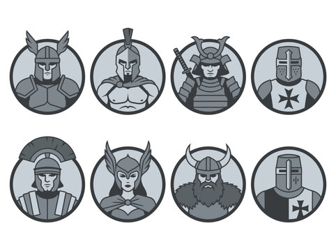 Set of 8 historical warrior icons featuring samurai, spartan, knight, and viking avatars for game profile design.