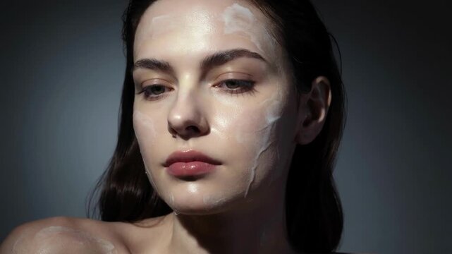 Woman Applying Face Cream in Studio Close up Cinematic Beauty Routine Skincare Product Demonstration