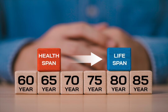 Close-up of wooden blocks illustrating health span and life span from age 60 to 85, highlighting healthy aging, longevity, preventive healthcare, wellness, and quality of life.