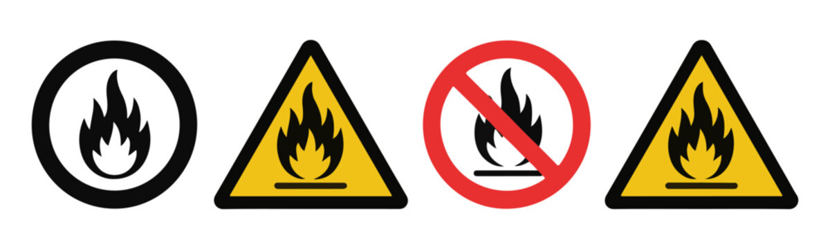 Set of fire hazard and no open flame warning signs isolated on transparent background.