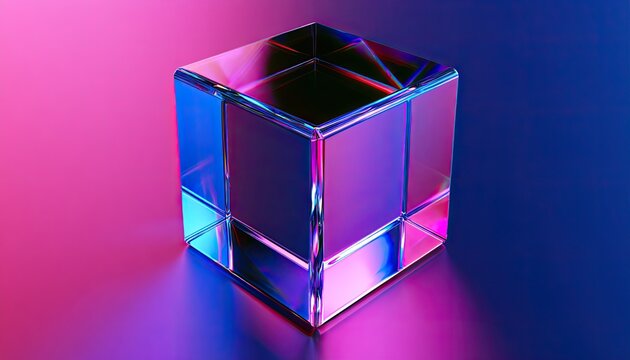 A geometric glass cube refracts light, casting colorful shadows