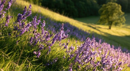 Obraz premium Lush purple flowers blanket a sun-drenched rolling hillside under a lone tree