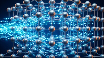 Obraz premium Digital Network Matrix: A complex digital network matrix composed of interconnected metallic spheres and illuminated blue light streams, representing the intricate web of data and technology.