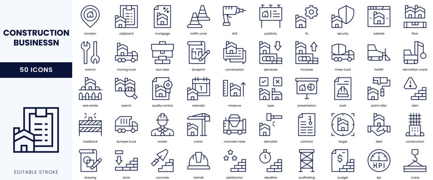 A collection of 50 editable line icons representing various aspects of construction and business operations.