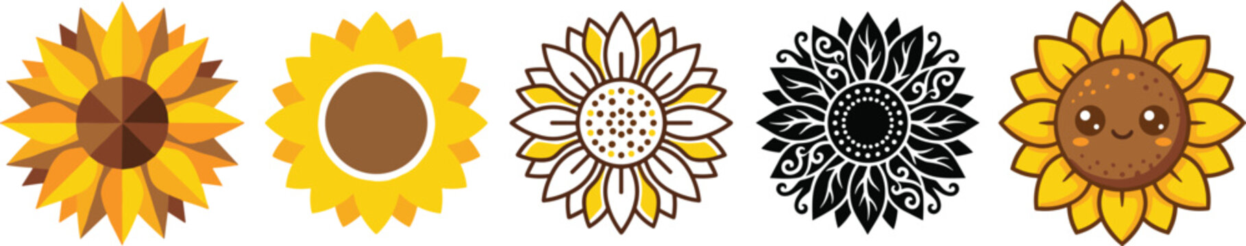Sunflower Vector Icon Set with Diverse Artistic Styles Including Geometric Low Poly Minimalist Flat Line Art Silhouette and Cute Kawaii Floral Designs