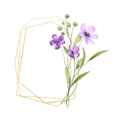 Floral golden geometric frame with violet flowers. Hand drawing digital gold border with place for text. Isolated on white background. © Larisa