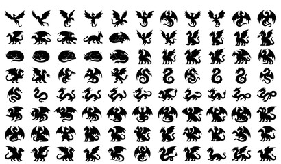 Obraz premium Fantasy Dragon Silhouette Icons with Winged Mythical Beast Vector Collection