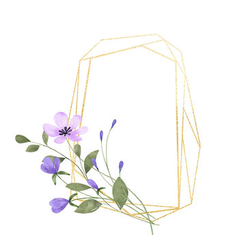 Floral golden geometric frame with violet flowers. Hand drawing digital gold border with place for text. Isolated on white background.