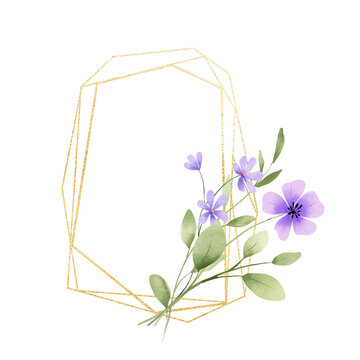 Floral golden geometric frame with violet flowers. Hand drawing digital gold border with place for text. Isolated on white background.