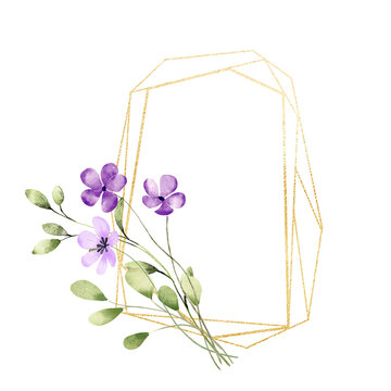 Floral golden geometric frame with violet flowers. Hand drawing digital gold border with place for text. Isolated on white background.