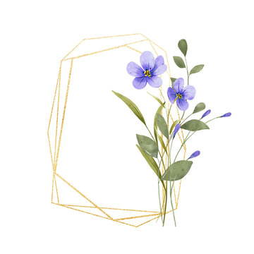 Floral golden geometric frame with violet flowers. Hand drawing digital gold border with place for text. Isolated on white background.