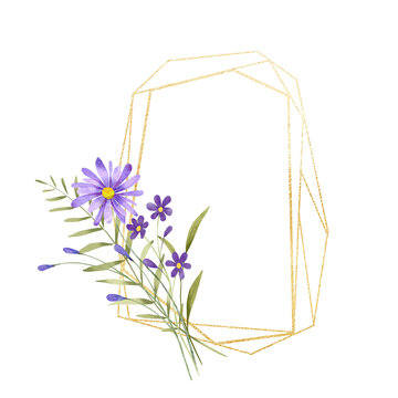 Floral golden geometric frame with violet flowers. Hand drawing digital gold border with place for text. Isolated on white background.