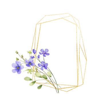 Floral golden geometric frame with violet flowers. Hand drawing digital gold border with place for text. Isolated on white background.