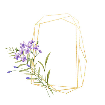 Floral golden geometric frame with violet flowers. Hand drawing digital gold border with place for text. Isolated on white background.