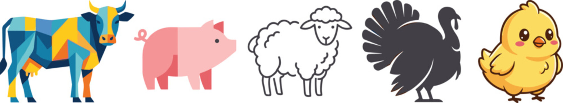 Farm Animal Vector Icon Set with Diverse Artistic Styles Including Geometric Low Poly Minimalist Flat Line Art Silhouette and Cute Kawaii Livestock Designs