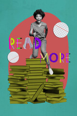 Fototapeta premium Pop art vertical zine photo collage of happy girl guy run library academic book stack education learner pencil ruler read more letters