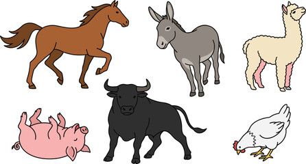 Naklejka premium Farm Animal Vector Icon Set Featuring Running Horse Standing Donkey Fluffy Alpaca Rolling Pig Strong Black Bull and Pecking Chicken for Agriculture Designs