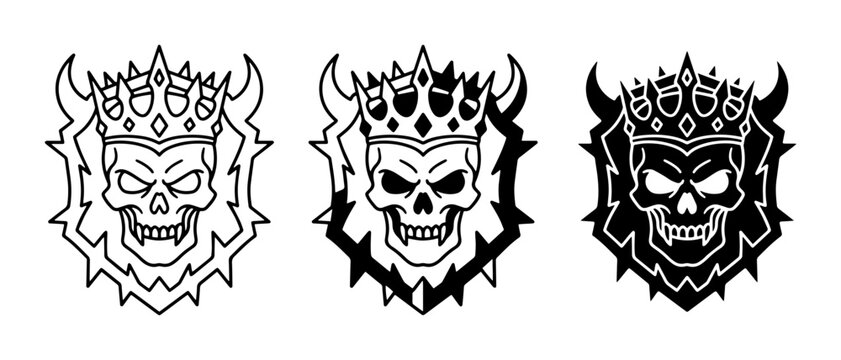Skull King Icons, Fiery Crest Emblems, Dark Royalty Vector Set