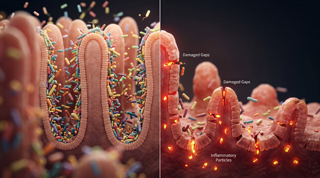 Healthy gut villi with strong intestinal barrier support digestive wellness and microbiome balance while damaged gaps in leaky gut trigger inflammation and harm gut health