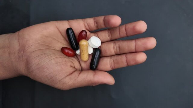 Various Medicine Tablets in Palm , close up view of pills in hand
