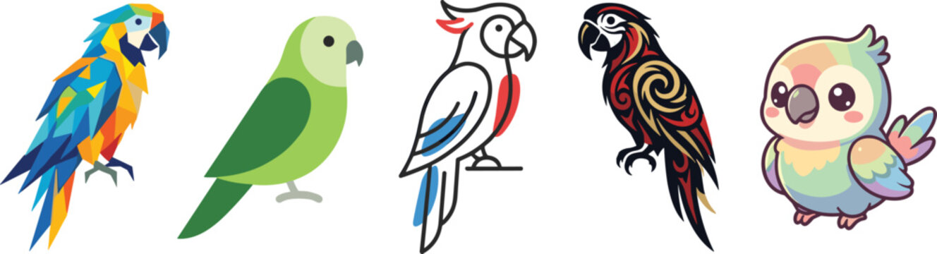 Parrot Vector Icon Set with Diverse Artistic Styles Including Geometric Low Poly Minimalist Flat Line Art Tribal Tattoo and Cute Kawaii Bird Designs