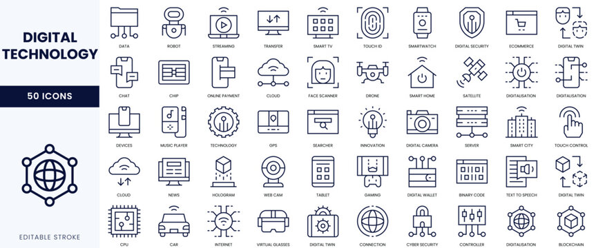 A collection of 50 sleek line icons representing various facets of digital technology.