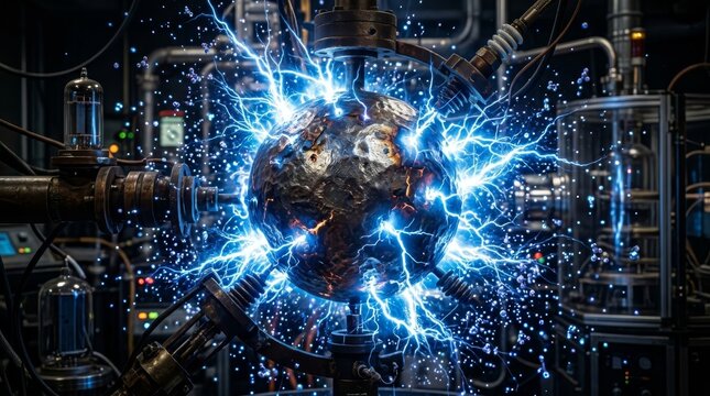 The Genesis Device: A steampunk-inspired heart-shaped object crackles with raw energy, surrounded by intricate laboratory apparatus and conduits, depicting the birth of a new power source.