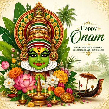 Onam celebration greeting with Kathakali face - ai generative