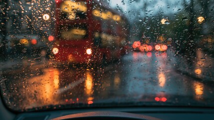Fototapeta premium Wet windshield view of blurry city lights and passing red bus at dusk