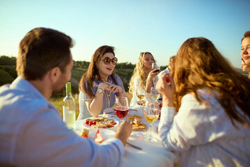 Woman in sunglasses leading animated conversation with friends at outdoor meal. Concept of social...