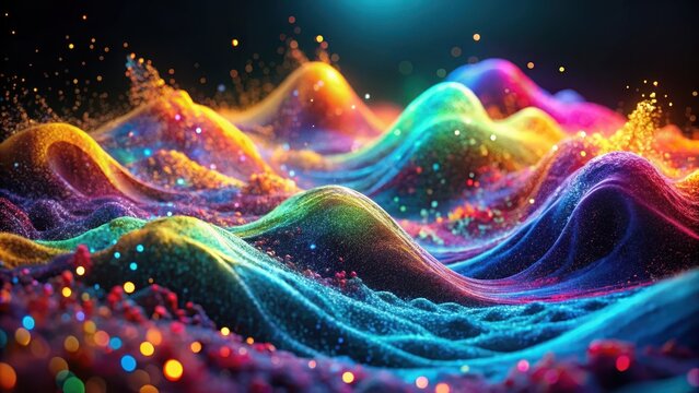 Colorful abstract waves with particles on dark background