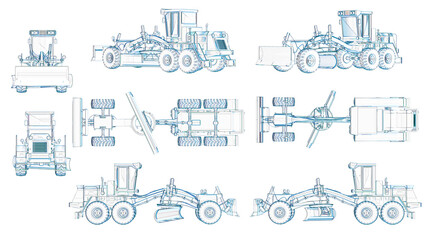 Obraz premium Motor Grader Technical Blueprint Illustration Set