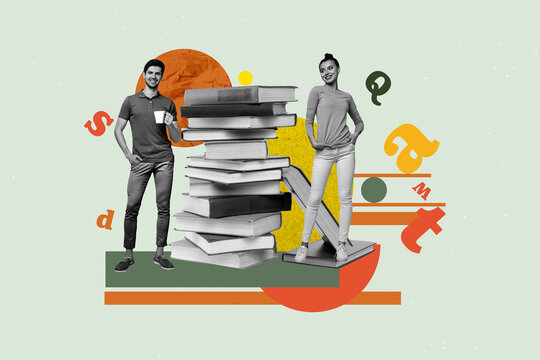 Pop art full zine photo collage of happy girl guy stand library academic book stack education learner letters vocabulary encyclopedia