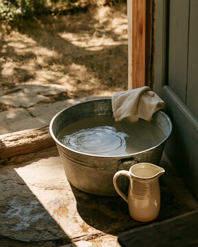 Galvanised basin of reused household water by a garden door