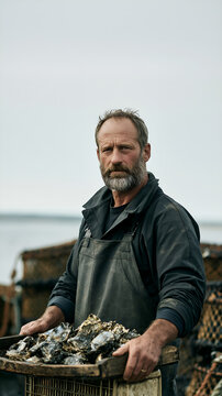 Oyster farmer beside a wooden tray of oysters at the shore