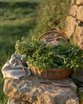Basket of freshly foraged wild herbs on a stone wall at dawn
