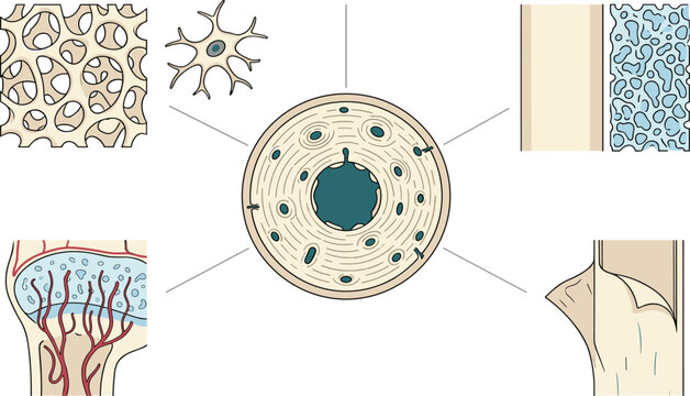 Human Bone Tissue Anatomy Collection with Osteon Structure, Spongy Bone, Cartilage, Microscopic Cells, Histology, and Medical Vector Illustration Set